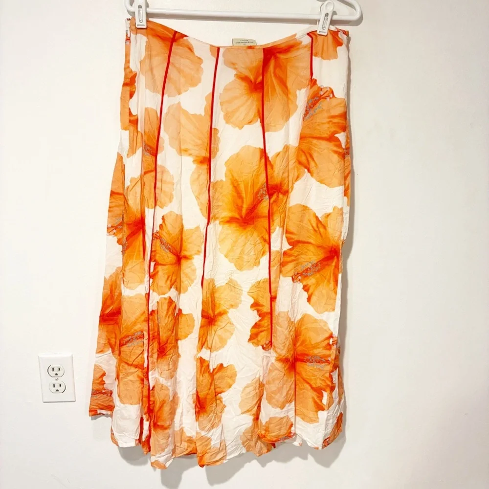 Farm‎ Rio Size Large Orange Floral Pleated Fully Lined Midi Skirt_6